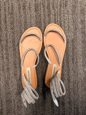Steve Madden Tan Footbed Sandals with Silver Rhinestone Straps